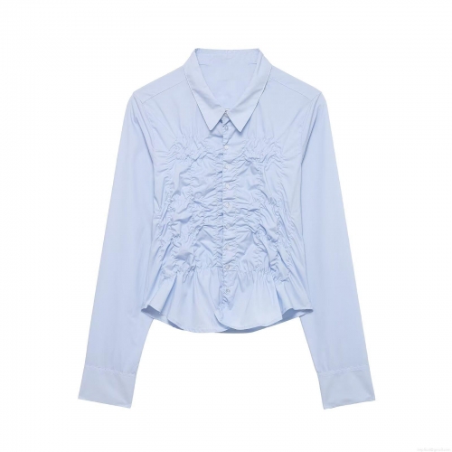 Women's Long Sleeve Shirred Blouse Sky Blue Polo Neck Ruched Button Up Shirt Fashion Sweet Casual Polyester Spandex Tops For Women