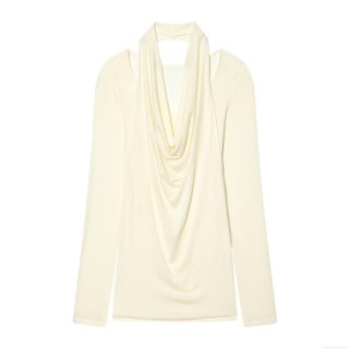 Women's Drape Neck Long Sleeve T-Shirt Elegant Halter Cold Shoulder Knitted Cashmere Blend Slim Fit Solid Color Casual Basic Top For Autumn Winter