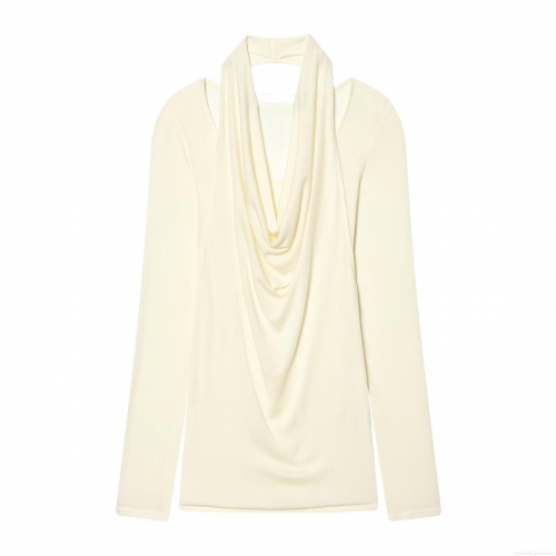 Women's Drape Neck Long Sleeve T-Shirt Elegant Halter Cold Shoulder Knitted Cashmere Blend Slim Fit Solid Color Casual Basic Top For Autumn Winter