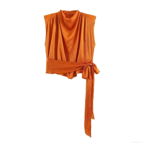 Orange Sleeveless High Neck Pleated Texture Blouse With Side Bow Tie Elegant Silk Satin Like Polyester Top For Women Office Daily Wear Party Apparel