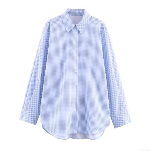 Women Gingham Linen Shirt Long Sleeve Polo Collar Button Down Casual Blouse Slim Fit Check Pattern Top For Daily Wear Simple Commuter Style