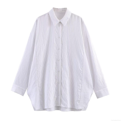 Women's Oversized Striped Shirt Long Sleeve Lapel Button Down Blouse Casual Loose Fit Poplin Top for Office Daily Wear