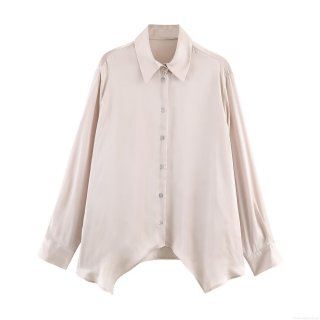 Women's Elegant Satin Blouse Asymmetric Slit Hem Long Sleeve Button Up Shirt Office Lady Commuter Tops Champagne Silky Solid Color Fashionable Spring Blouse