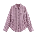 Women's Plaid Long Sleeve Button Down Blouse Casual Polyester Spandex Shirt With Waist Drawstring Sweet Checkered Top For Women Daily Wear