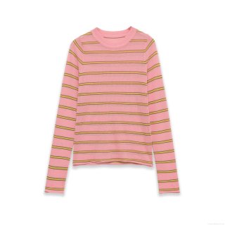 Women Striped Knit T-Shirt Polyester Round Neck Long Sleeve Slim Fit Casual Top Pink Green Yellow Stripe Spring Fashion Knitwear