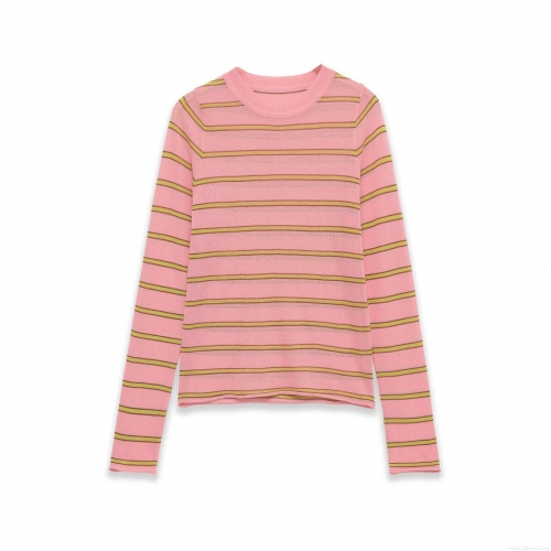 Women Striped Knit T-Shirt Polyester Round Neck Long Sleeve Slim Fit Casual Top Pink Green Yellow Stripe Spring Fashion Knitwear