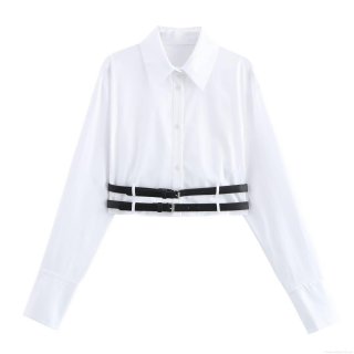 Women's Cropped Shirt With Belt Fashion Casual Long Sleeve Polo Collar Poplin Top Solid Color Autumn Back Strap Design Blouse For Women