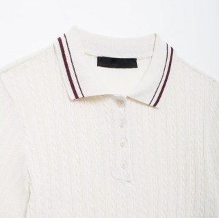 Women's Casual Knit Polo Shirt Short Sleeve Cable Knit Contrast Stripe Lapel Collar Button Up Top Academic Style Knitwear White Short Sleeve Tee