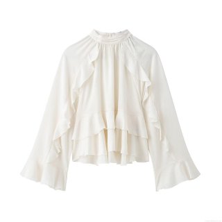 Women's Elegant High Neck Ruffle Blouse Long Sleeve Solid Color Layered Pullover Top Fashion Polyester Spandex Commuter Shirt