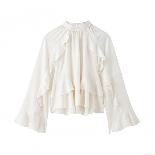 Women's Elegant High Neck Ruffle Blouse Long Sleeve Solid Color Layered Pullover Top Fashion Polyester Spandex Commuter Shirt