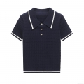 Women's Short Sleeve Knit Polo Shirt Contrast Stripe Lapel Cable Knit Top With Gold Buttons Casual Mercerized Cotton T-Shirt For Women