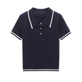 Women's Short Sleeve Knit Polo Shirt Contrast Stripe Lapel Cable Knit Top With Gold Buttons Casual Mercerized Cotton T-Shirt For Women
