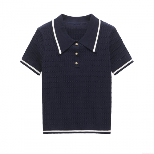 Women's Short Sleeve Knit Polo Shirt Contrast Stripe Lapel Cable Knit Top With Gold Buttons Casual Mercerized Cotton T-Shirt For Women