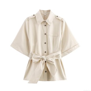 Women's Short Sleeve Khaki Blouse With Waist Belt Bow Tie Lapel Twill Shirt Single Breasted Workwear Style Top With Shoulder Tabs For Office Casual Daily