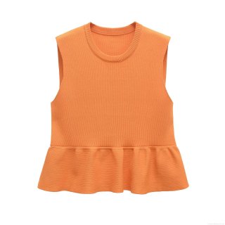 Women Mercerized Cotton Knit Peplum Top Round Neck Sleeveless Ruffled Hem Solid Color Summer Casual Knitwear Tank Top Blouse For Women