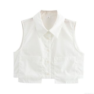 Women Minimalist Sleeveless Short Shirt Blouse 100% Polyester Lapel Collar Double Pockets Single Breasted Solid Color Summer Casual Office Top