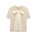 Women's Elegant Beige Short Sleeve Knit Cardigan Top With White Organza Bow Decoration Summer Fashion Single Breasted Chunky Knit Sweater For Women