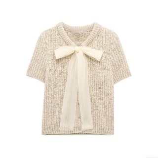 Women's Elegant Beige Short Sleeve Knit Cardigan Top With White Organza Bow Decoration Summer Fashion Single Breasted Chunky Knit Sweater For Women