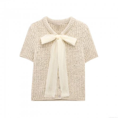 Women's Elegant Beige Short Sleeve Knit Cardigan Top With White Organza Bow Decoration Summer Fashion Single Breasted Chunky Knit Sweater For Women