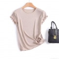 Women's Knit Short Sleeve T-Shirt Rayon Polyester Lettuce Trim Ruffle Cuff Round Neck Slim Ribbed Top Minimalist Casual Summer Blouse For Daily Office Wear