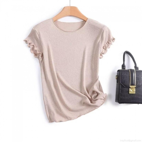 Women's Knit Short Sleeve T-Shirt Rayon Polyester Lettuce Trim Ruffle Cuff Round Neck Slim Ribbed Top Minimalist Casual Summer Blouse For Daily Office Wear