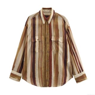 Women's Oversized Striped Blouse Long Sleeve Button Down Shirt With Lapel Collar Two Chest Pockets Casual Vintage Style Polyester Spandex Top For Daily Office