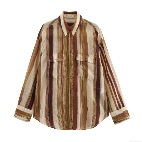 Women's Oversized Striped Blouse Long Sleeve Button Down Shirt With Lapel Collar Two Chest Pockets Casual Vintage Style Polyester Spandex Top For Daily Office