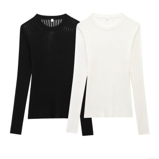 Women Sexy Long Sleeve Hollow Out Knit Top Round Neck Slim Fit Ribbed Mesh See-through Cover-up Shirt Solid Color Casual Streetwear Lightweight Spring Summer Pullover