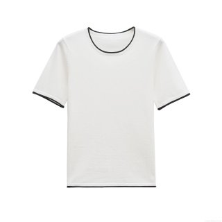 Women's Fashion Minimalist Mercerized Cotton Knit T-Shirt Contrast Trim Short Sleeve Round Neck Casual Daily Summer Top Breathable Soft Comfortable Top