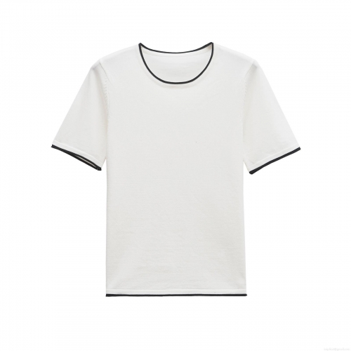 Women's Fashion Minimalist Mercerized Cotton Knit T-Shirt Contrast Trim Short Sleeve Round Neck Casual Daily Summer Top Breathable Soft Comfortable Top