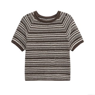 Women Striped Knit Short Sleeve Top Mercerized Cotton Crochet Hollow Out Pullover Round Neck Loose Casual Summer T-Shirt For Women Comfortable Breathable Daily Wear