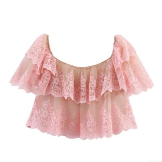 Women Sexy Lace Mesh T-Shirt Off-shoulder Floral Embroidery Layered Ruffles Ultra-short Top Polyester Spandex Sweet Spicy Style For Summer Party Date