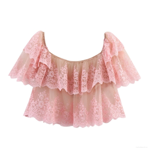 Women Sexy Lace Mesh T-Shirt Off-shoulder Floral Embroidery Layered Ruffles Ultra-short Top Polyester Spandex Sweet Spicy Style For Summer Party Date