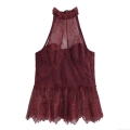 Women's Sexy Halter Neck Lace Top Wine Red Sleeveless Hollow Out Ruffle Hem Slim Fit Backless Party Camisole Tank Top For Summer Ladies