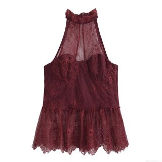 Women's Sexy Halter Neck Lace Top Wine Red Sleeveless Hollow Out Ruffle Hem Slim Fit Backless Party Camisole Tank Top For Summer Ladies
