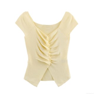 Women Sweet Ruched Knit T-Shirt Slim Fit U-Neck Button Decor Ribbed Short Sleeve Top Elegant Daily Casual Polyester Spandex Soft Breathable Tee