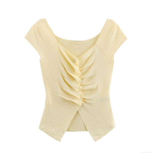 Women Sweet Ruched Knit T-Shirt Slim Fit U-Neck Button Decor Ribbed Short Sleeve Top Elegant Daily Casual Polyester Spandex Soft Breathable Tee