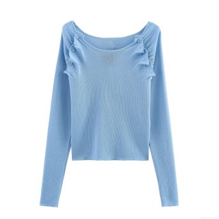 Women's Elegant Sky Blue Knit T-Shirt Ruched Long Sleeve Ribbed Pullover Slim Fit Casual Commuter Top with Decorative Buttons for Spring Summer