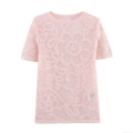 Women's Sweet Lace Floral T-Shirt Elegant Hollow Out Mesh Short Sleeve Round Neck Knit Top Pink Casual Blouse For Summer Ladies