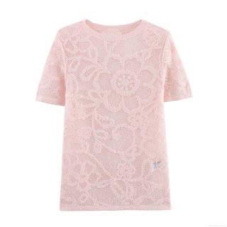 Women's Sweet Lace Floral T-Shirt Elegant Hollow Out Mesh Short Sleeve Round Neck Knit Top Pink Casual Blouse For Summer Ladies