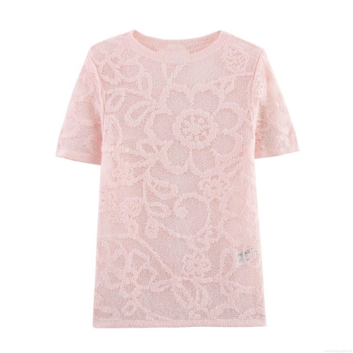 Women's Sweet Lace Floral T-Shirt Elegant Hollow Out Mesh Short Sleeve Round Neck Knit Top Pink Casual Blouse For Summer Ladies