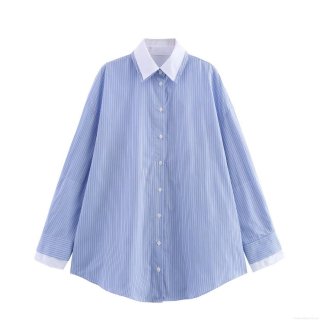 Women's Contrast Color Poplin Patchwork Striped Shirt Loose Fit Long Sleeve Button Down Blouse Casual Commute Lapel Top For Ladies