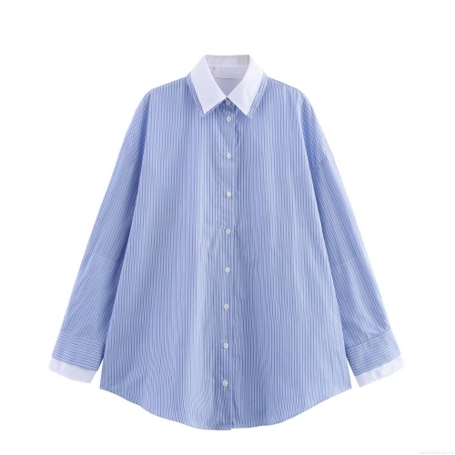 Women's Contrast Color Poplin Patchwork Striped Shirt Loose Fit Long Sleeve Button Down Blouse Casual Commute Lapel Top For Ladies