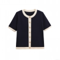 French Style Women Mercerized Cotton Knit Short Sleeve Cardigan Round Neck Contrast Trim Button Down Sweater Top For Summer Daily Elegant Casual