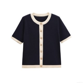 French Style Women Mercerized Cotton Knit Short Sleeve Cardigan Round Neck Contrast Trim Button Down Sweater Top For Summer Daily Elegant Casual