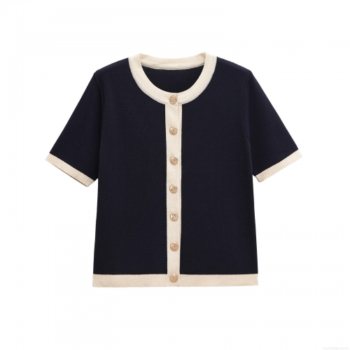 French Style Women Mercerized Cotton Knit Short Sleeve Cardigan Round Neck Contrast Trim Button Down Sweater Top For Summer Daily Elegant Casual