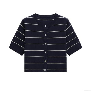 Women's Summer Short Sleeve Striped Knit Cardigan Top Chic Button Down Lapel Collar Polyester Spandex Lightweight Commuting Sweater For Women