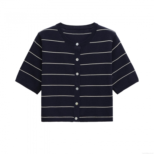 Women's Summer Short Sleeve Striped Knit Cardigan Top Chic Button Down Lapel Collar Polyester Spandex Lightweight Commuting Sweater For Women
