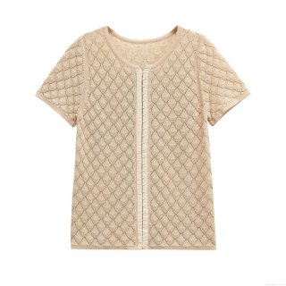 Women's Hollow Out Knit T-Shirt Short Sleeve Round Neck Crochet Cardigan Solid Color Beige Spandex Polyester Summer Casual Fashion Tops For Ladies