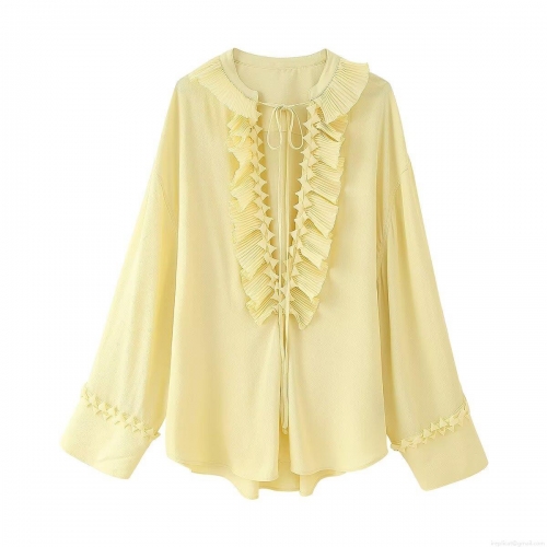 Women's French Retro Pale Yellow Ruffle V-Neck Long Sleeve Chiffon Blouse Elegant Tie Front Pleated Shirt Casual Summer Top